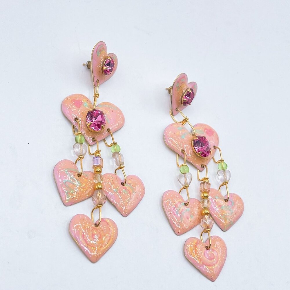 Lunch At The Ritz Pink Heart Dangle Earrings W/ Rhinestones & Beads Gold Tone Ba - Picture 6 of 7